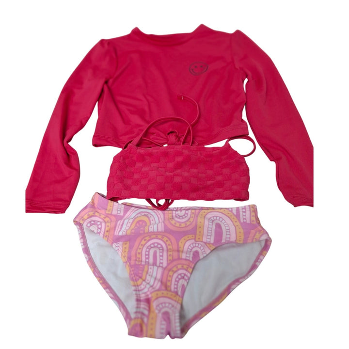 New Art Class Girls Small (6/7) Pink Rainbow 3PC Bikini Cover Top Swim Suit Set