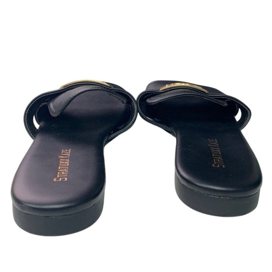 Stratuxx Kaze Womens Size 7 Black Gold Sandal Flats Square Open Toe Shoes
