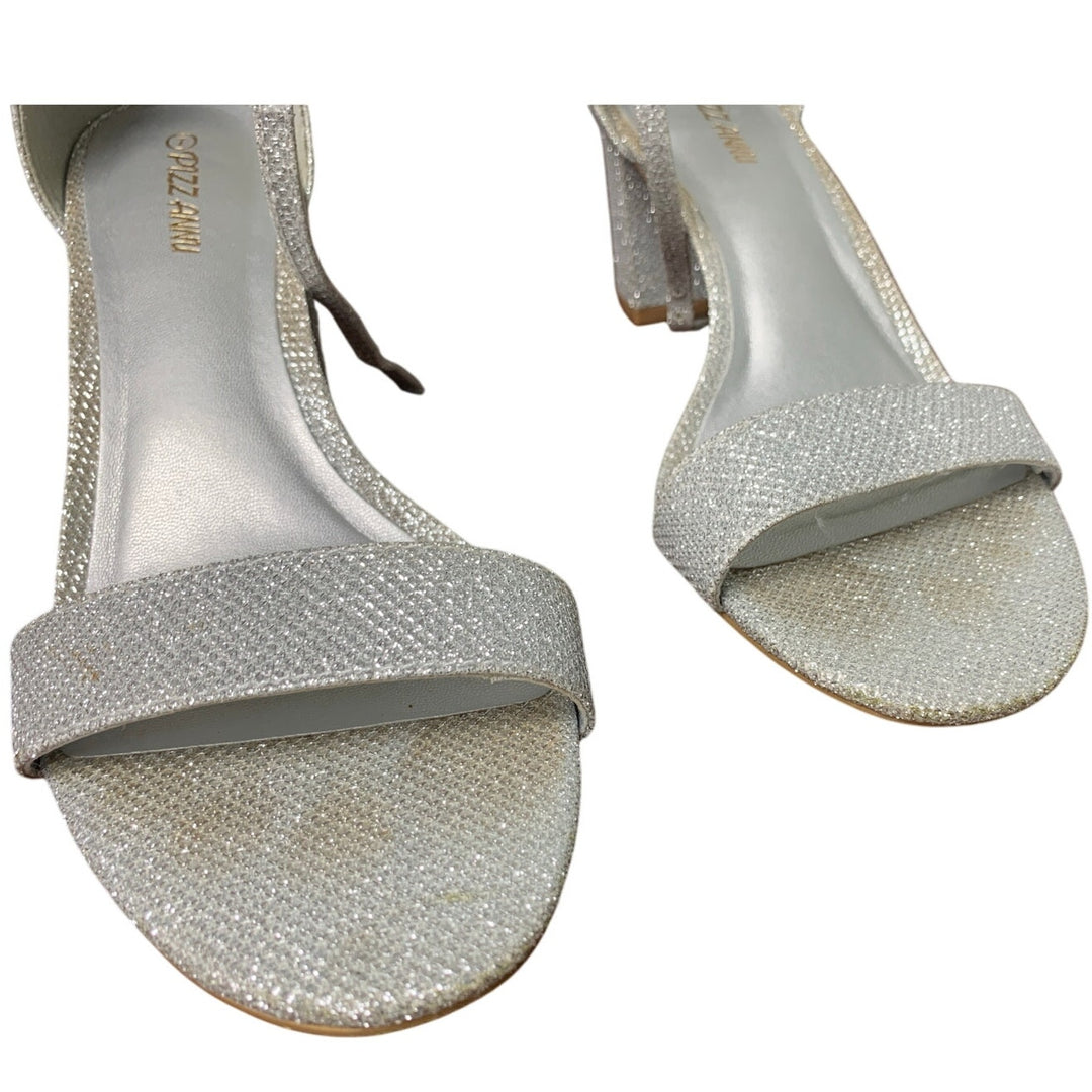 Pizz Annu Womens Size 7 Silver Glitter 2.5" Heel Open Toe Ankle Strap Shoes