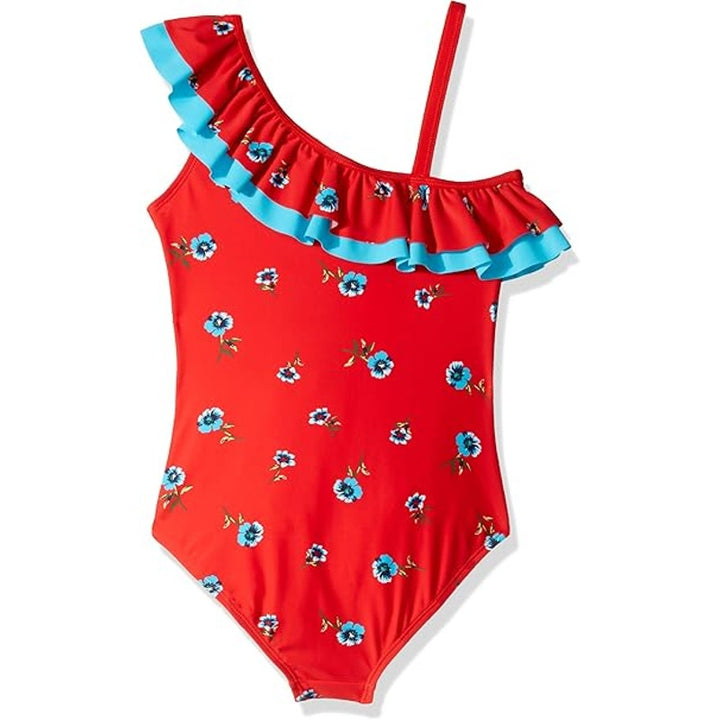 New Kanu Surf Girls Size 10 Red Blue Morgan Floral Ruffle One Piece Swimsuit