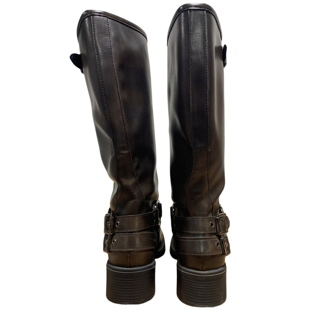 Aminugal Womens Size 7.5 Brown Faux Leather Knee High Square Toe Pull On Boots
