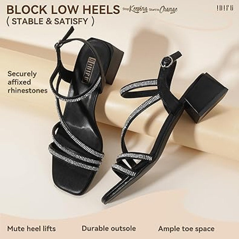 New Idifu Womens 8.5 Black Silver Rhinestone Open Toe 2" Block Heel Sandal Shoes