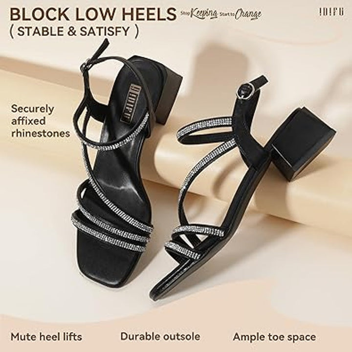 New Idifu Womens 8.5 Black Silver Rhinestone Open Toe 2" Block Heel Sandal Shoes
