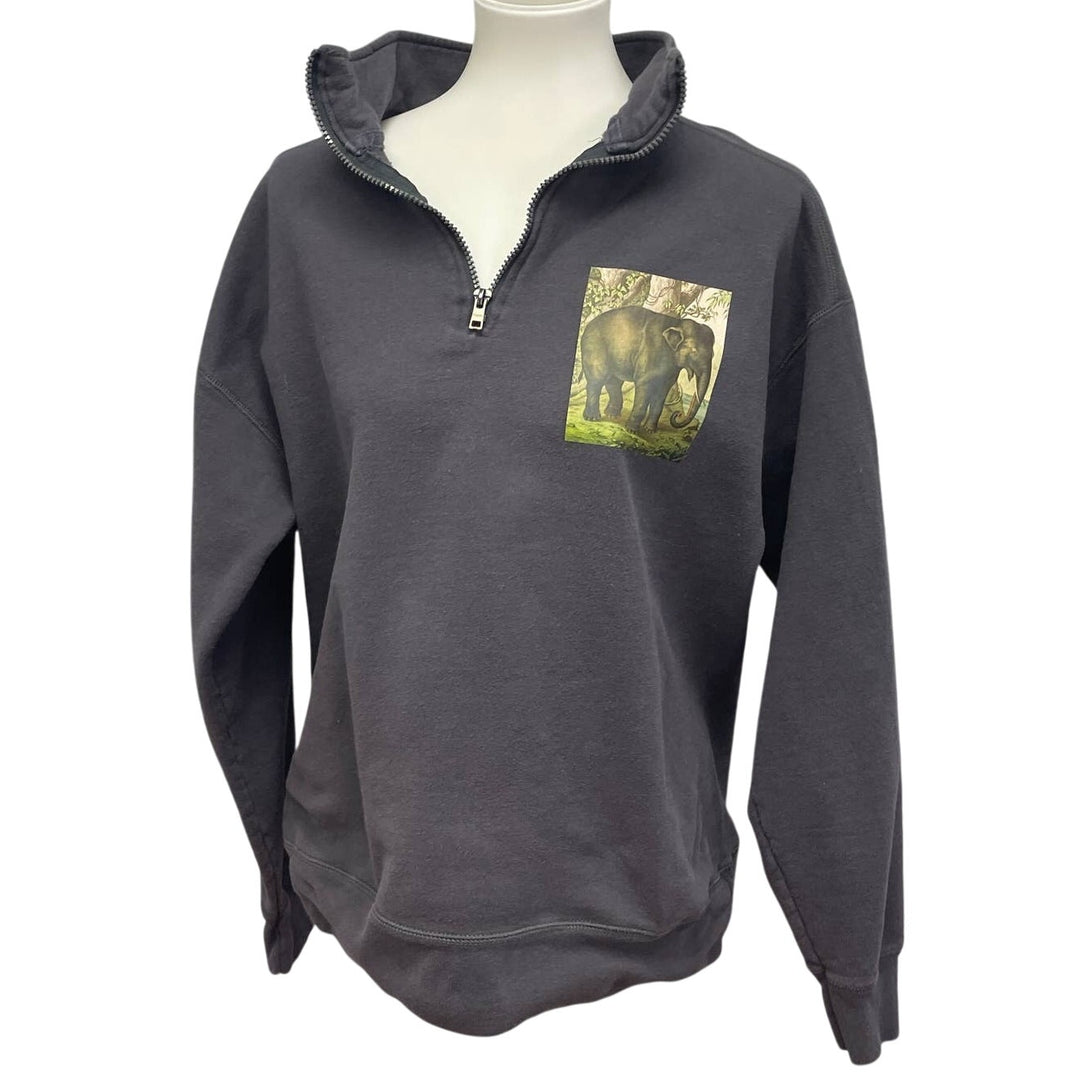 Hand Printed Upcycled Mens Large Elephant 1/4 Zip PolyCotton Pullover Sweatshirt
