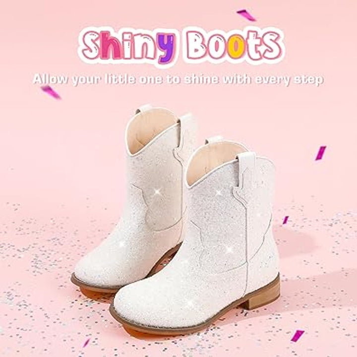 Motasha Toddler Girl 10 White Iridescent Shiny Pull On Western Cowgirl Boots