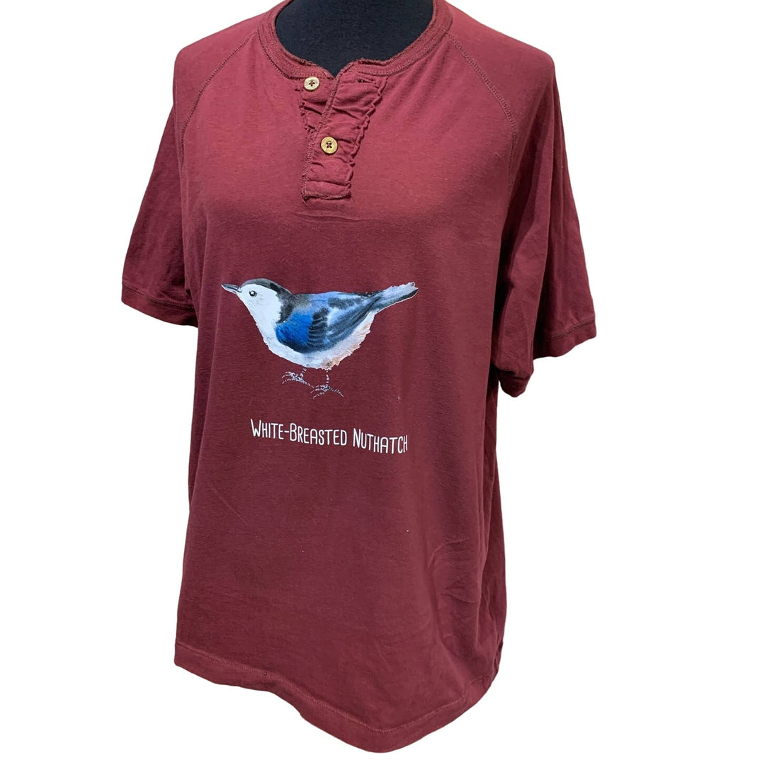 Wingspan Inspired Mens Large White-Breasted Nuthatch Bird Upcycled Henley Tee