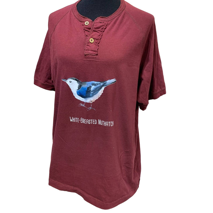Wingspan Inspired Mens Large White-Breasted Nuthatch Bird Upcycled Henley Tee