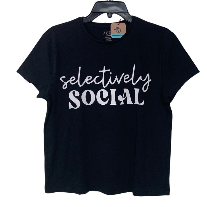 New Upcycled Hand Printed Womens Medium Selectively Social Crew Neck Tee Shirt
