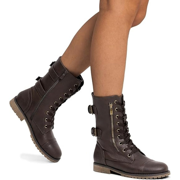 Dream Pairs Womens Size 6 Brown Faux Leather Mid Calf Hidden Wallet Combat Boots