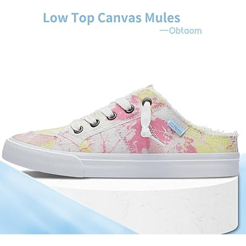 Obtaom Womens Size 8 Pink Yellow Slide On Canvas Memory Foam Mules Sneaker Shoes