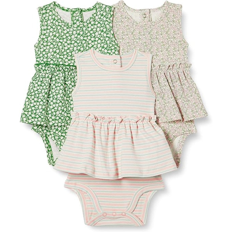 New 3-Pack Amazon Essentials Newborn Girls Green Pink Ruffled Bodysuit Dresses