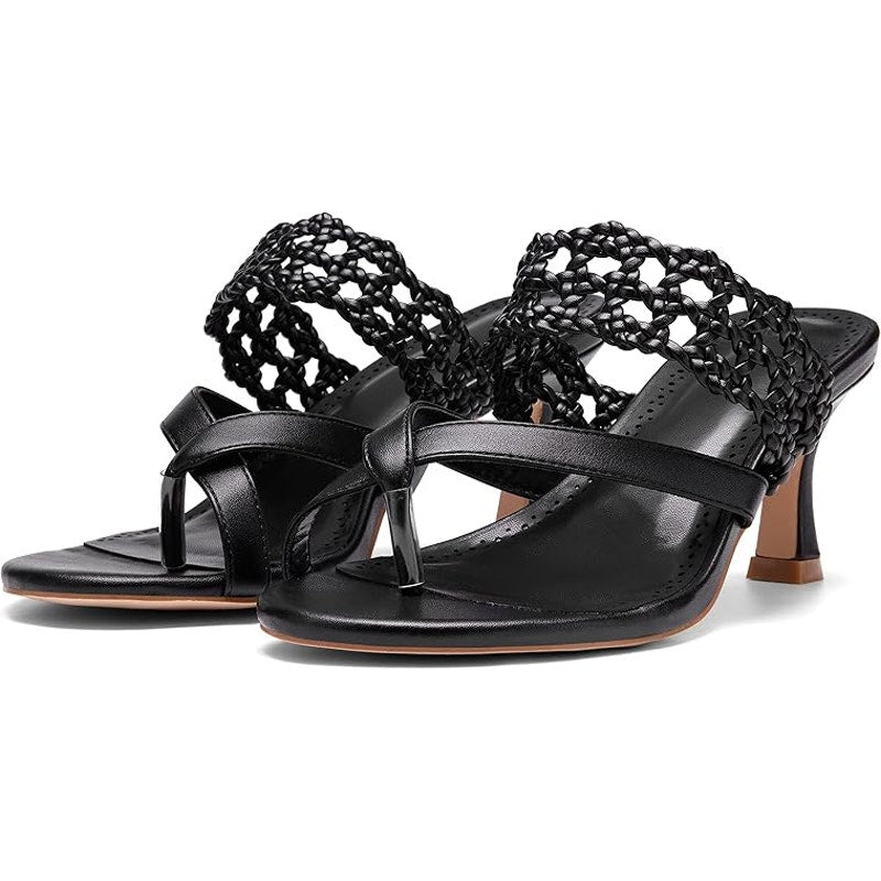 Coutgo Womens Size 8.5 Black Mesh Strap 3" Heel Open Toe Thong Sandal Shoes
