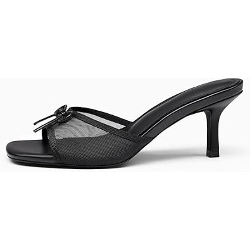 Coutgo Womens Size 7.5 Black Square Open Toe Mesh Strap Bow 2.5" Slip On Heels
