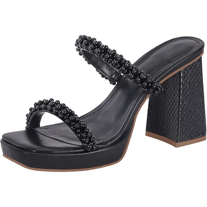 Coutgo Womens Size 7.5 Black Beaded 4" Platform Block Heel Slide On Sandal Shoes