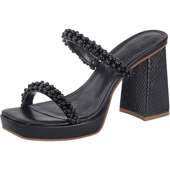 Coutgo Womens Size 7.5 Black Beaded 4" Platform Block Heel Slide On Sandal Shoes