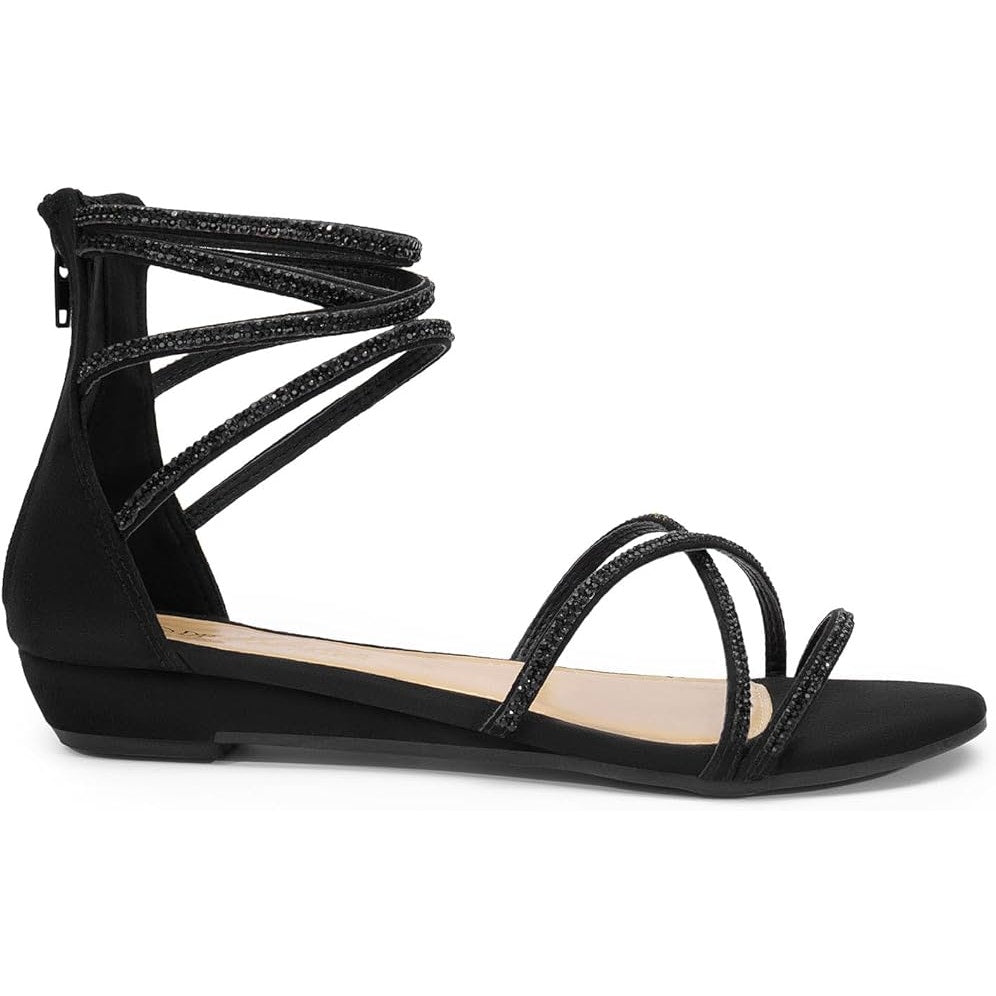 Dream Pairs Womens Size 8 Black Faux Suede Rhinestone Ankle Strap Flat Sandals