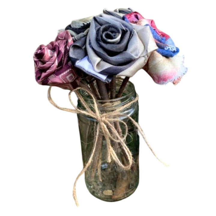 Handmade Upcycled Neck Tie Valentine Rustic Pink Rose Bouquet Glass Vase Gift