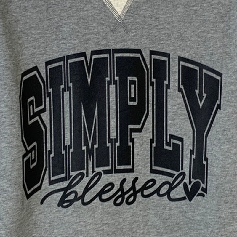 New Hand Printed Womens Small Simply Blessed Gray Cream Long Sleeve Sweatshirt