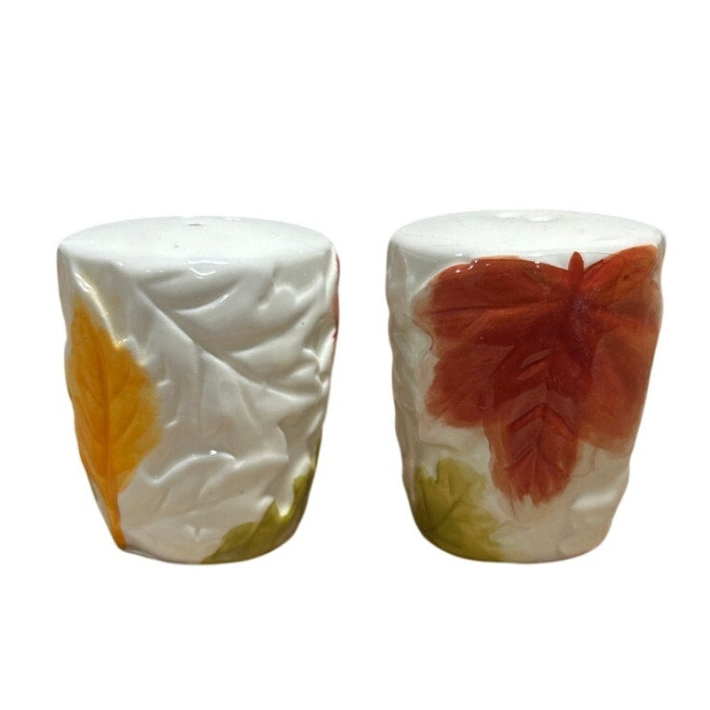 Vintage Red Green Gold Yellow Fall Leaf White Ceramic Salt &amp; Pepper Shaker Set