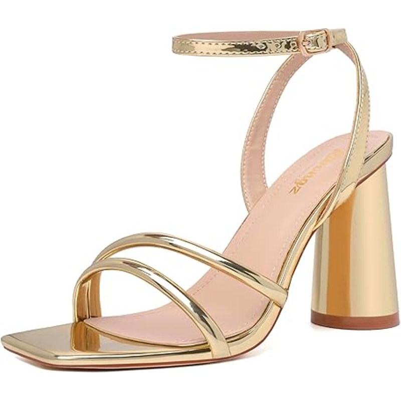 Ribongz Womens 8.5 Shiny Gold Open Toe 4" Chunky Heel Ankle Wrap Sandal Shoes