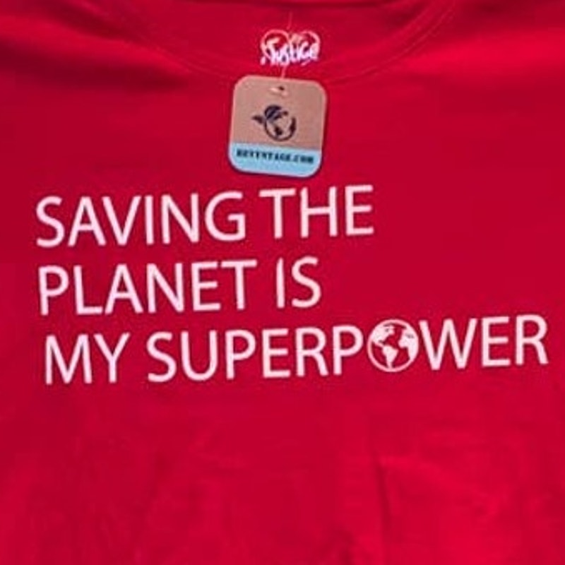 Hand Printed Upcycled Girls XL Saving the Planet Superpower Long Sleeve Tee