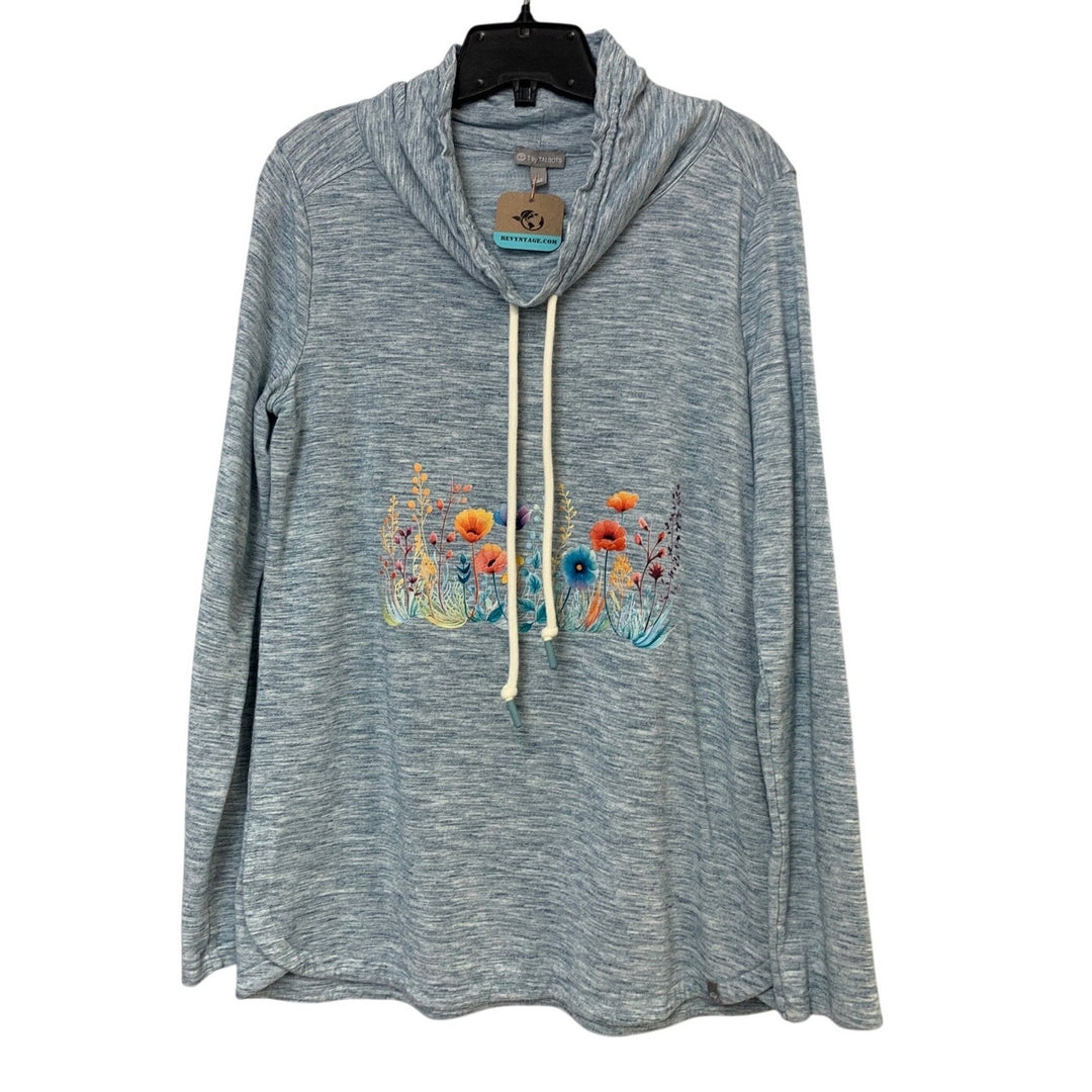 Upcycled Hand Printed Womens Small Floral Long Sleeve Cowl Neck Sweatshirt