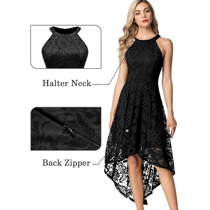 NWT New Dressystar Womens Medium Black Back Zip Lined Lace Halter High Lo Dress