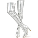 Wsheliu Womens Size 11 Silver Thigh High 4'5" Chunky Heel Zip Up Go Go Boots