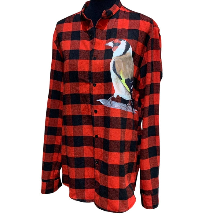 Hand Printed Upcycled Womens Large European Goldfinch Bird Plaid Shirt