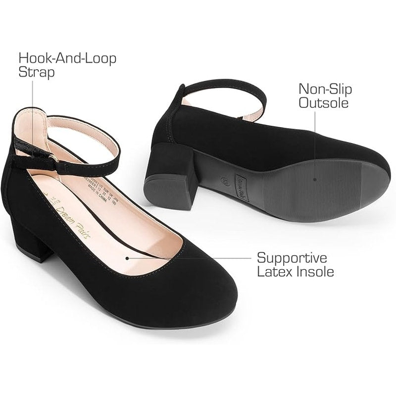 Dream Pairs Girls Size 2 Black Faux Suede Hook Loop Ankle 1.75" Block Heel Shoes