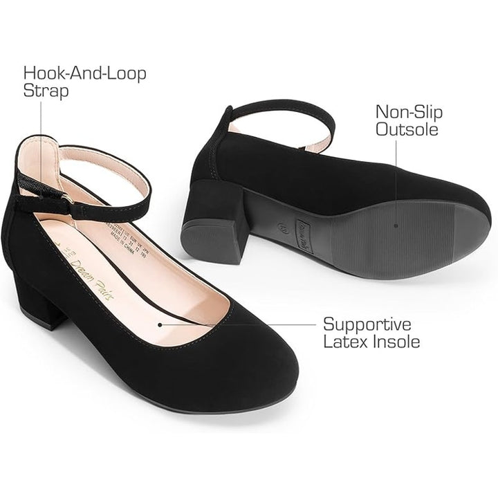 Dream Pairs Girls Size 2 Black Faux Suede Hook Loop Ankle 1.75" Block Heel Shoes