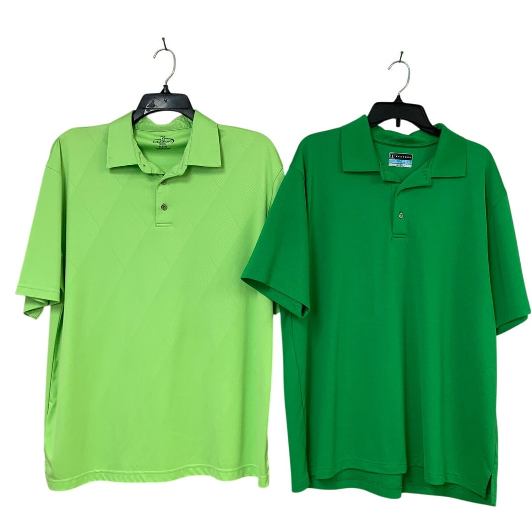 Lot of 2 Champions PGA Tour Mens XL Solid Green Short Sleeve Polo Shirts EUC