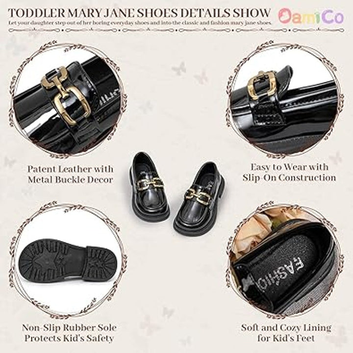 New Oamico Toddler Girls 13 Shiny Black Gold Buckle Slide On Loafer Dress Shoes