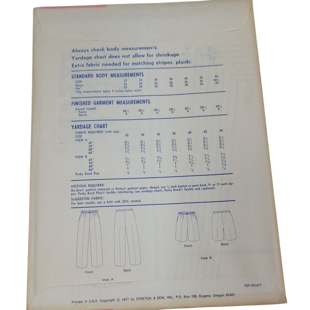 1977 Stretch &amp; Sew 707 Paris Pleated Pants Sewing Pattern, Complete &amp; Uncut