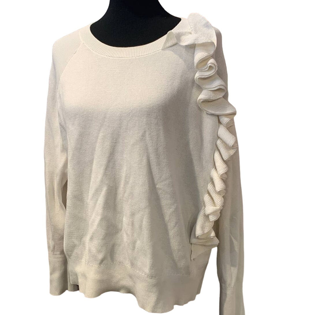 A New Day XXL 100% Cotton White Ruffled Long Sleeve Pullover Crew Neck Sweater