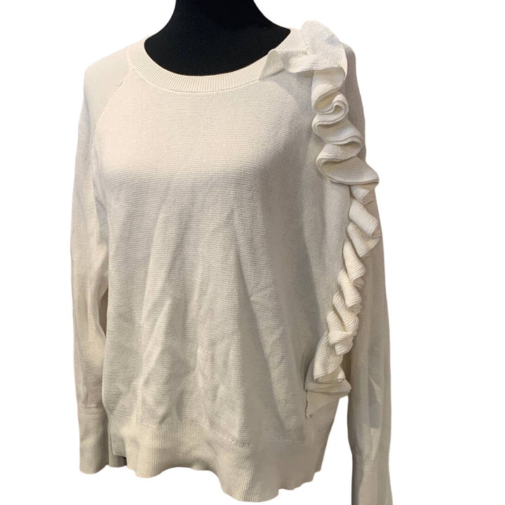 A New Day XXL 100% Cotton White Ruffled Long Sleeve Pullover Crew Neck Sweater