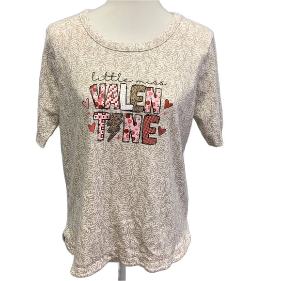 Hand Printed Upcycled Womens Large Little Miss Valentine Short Sleeve Tee Shirt