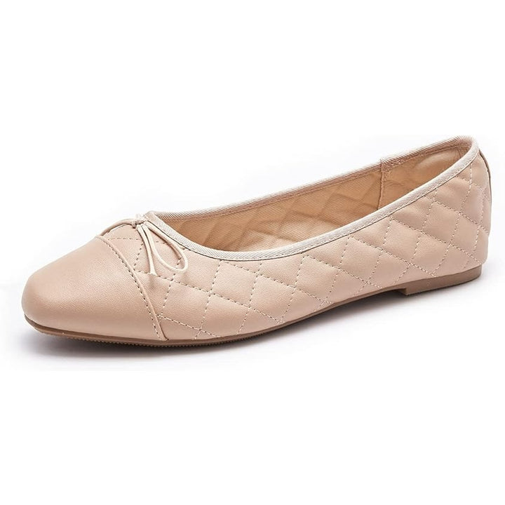 Afeetsing Womens Size 6 Tan Round Closed Toe Faux Leather Ballet Flats Shoes