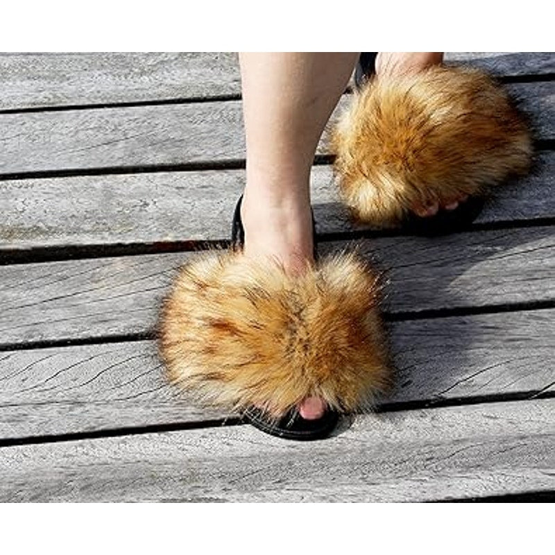 New YouDirect Womens Size 9.5 Slide On Faux Fur Indoor Outdoor Open Toe Slippers