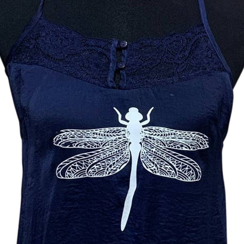 Hand Printed Upcycled Womens Small Dragonfly Lacy Racerback Strap Cami Tank