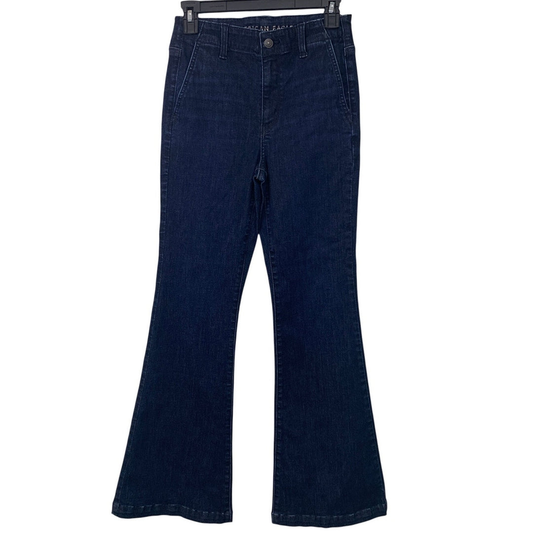 New American Eagle Women Size 4 Super High Rise Flare Dark Ash Denim Blue Jeans