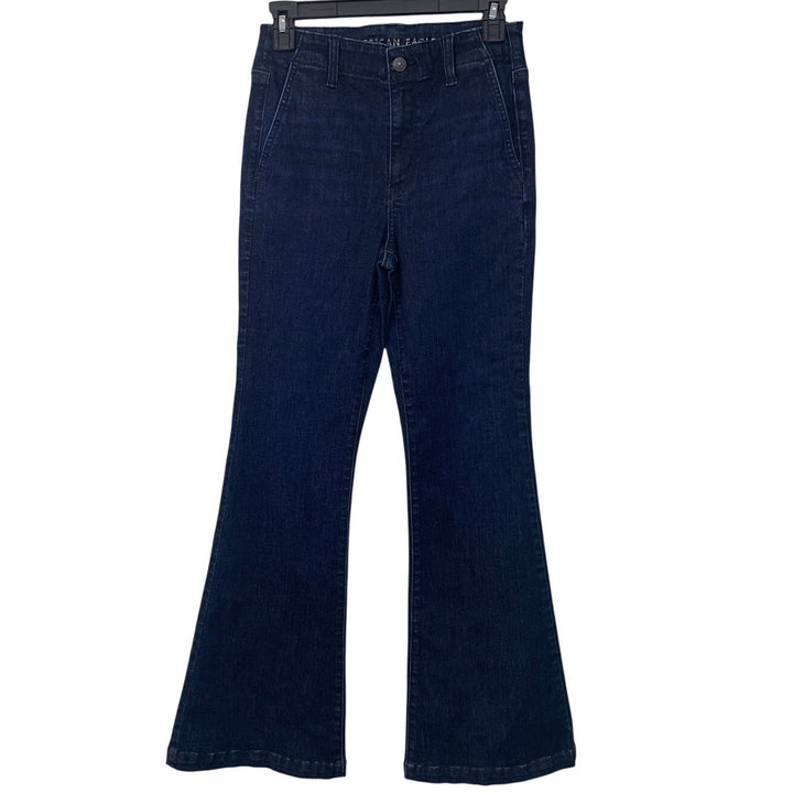 New American Eagle Women Size 4 Super High Rise Flare Dark Ash Denim Blue Jeans