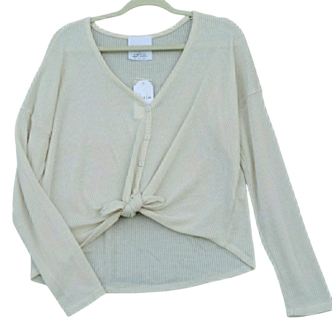 New NWT Sadie &amp; Love Womens Large Waffle Weave Front Tie PolySpandex Sweater