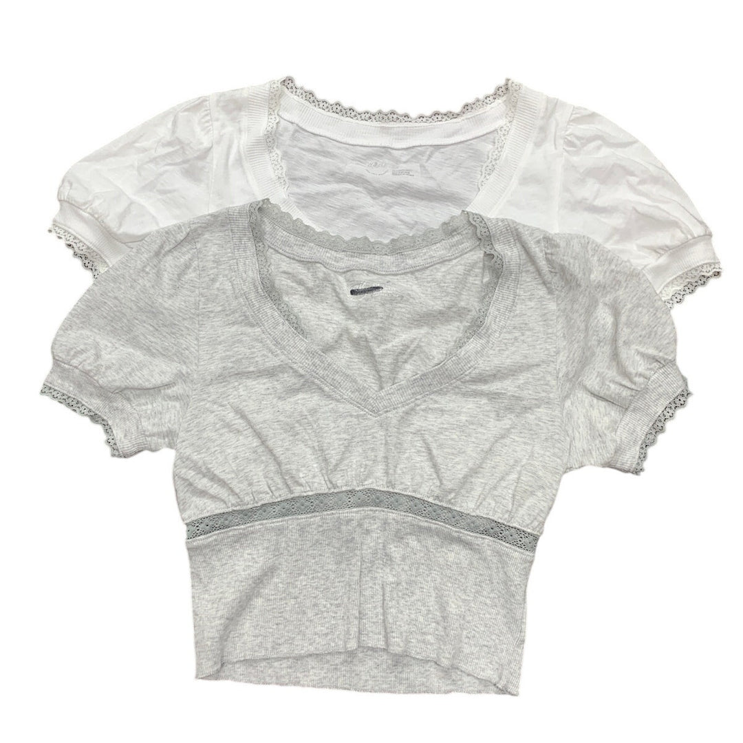 2 New Aerie Womens Small Floral Lace Heathered Short Sleeve V Neck Tops