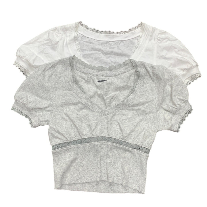2 New Aerie Womens Small Floral Lace Heathered Short Sleeve V Neck Tops