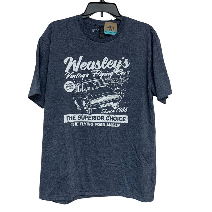 New Hand Printed Womens Large Harry Potter Weasleys Vintage Flying Cars T Shirt
