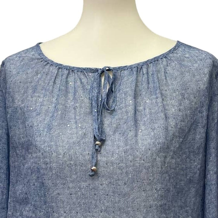 Ruby Rd. Womens Size 10 Sheer Sparkle Long Sleeve Elastic Waist Front Tie Blouse
