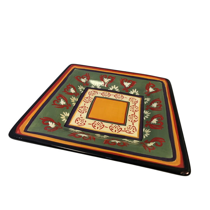 Real Kitchen Folk Art Inspired Square Ceramic Bowl w Matching Plate Saucer