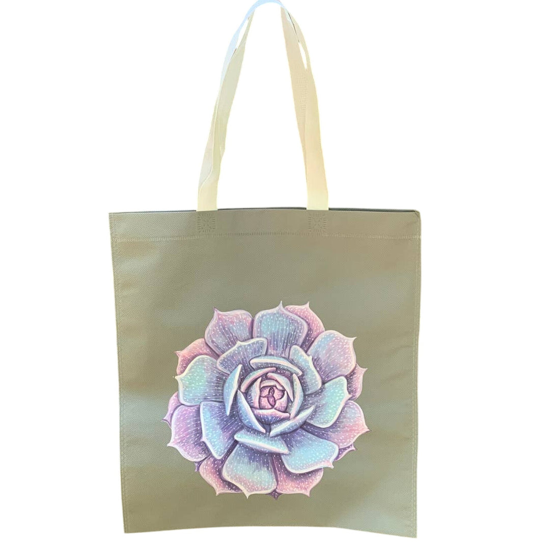 Upcycled Hand Printed Purple Blue Succulent Cactus Rose Flower Tote Bag
