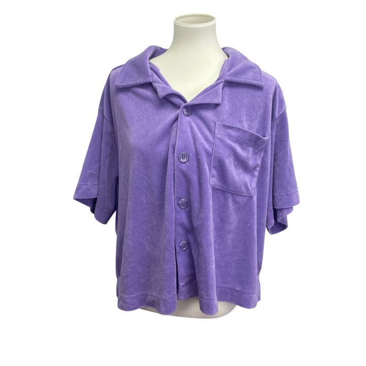 Fabletics Womens XL Button Up Terrycloth Short Sleeve Shirt w Bonus Tote Bag